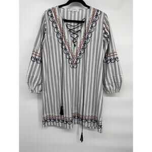 English Factory Women's Striped Embroidered Tunic Dress Lace-Up V-Neck M